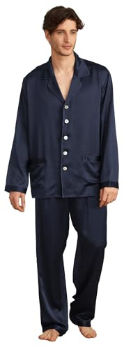 LilySilk Pyjama en Soie Homme Ensemble Pyjama Long 2 Pièces Soie de Mûrier Naturelle Vêtement de Nuit Classique Chemise et Pantalon Soie Bio 19MM Pyjama Ete Bleu Marine XXL