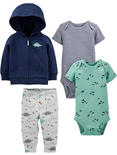 Simple Joys by Carter's 4-Piece Jacket, Pant, And Bodysuit Set Layette, Blu Marino Righe/Blu Scuro/Grigio Dinosauri/Verde, 0 Mesi Bimbo