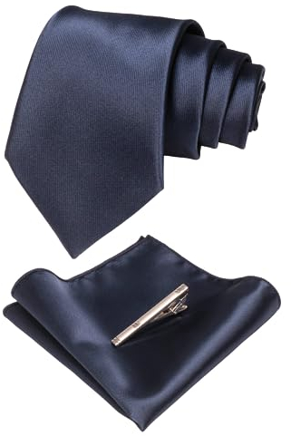 JEMYGINS Dunkelblau Krawatten und Einstecktuch Set für Herren seide Krawatte krawattenklammer Seidenkrawatten Hochzeit Schlips(9)