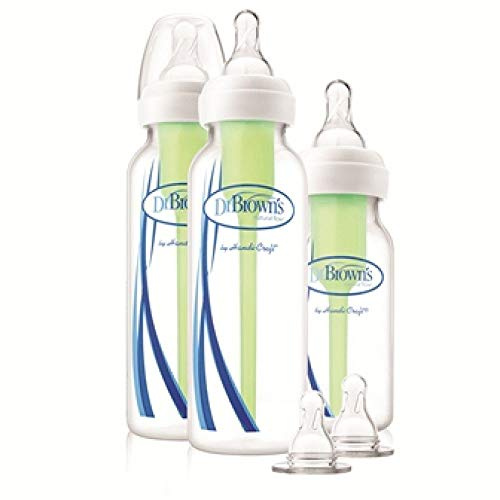 Dr Brown's Natural Flow Anti-Colic Options+ Narrow Baby Bottle, Starter Kit, 1x 4oz/120ml Bottle & 2X 8oz/250ml Bottles with Level 1 Slow Flow Teat, Kit Also Includes 2X Level 2 Medium Flow Teats