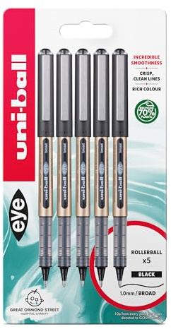 uni-ball UB-150-10 Eye Rollerball Pens. Premium Broad 1.0mm Ballpoint Tip for Super Smooth Handwriting, Drawing, Art, Crafts and Colouring. Fade and Water Resistant Liquid Uni Super Ink. 5 Pack Black