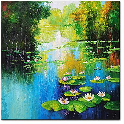 Pintura Al Óleo Pintada A Mano Cuadros,Moderno Abstracto Paisaje De Estanque De Loto 100% Dibujado A Mano, Grandes Pinturas Nórdicas Sin Marco Cool Pictures Art Wall For Home Corridor Living Room B