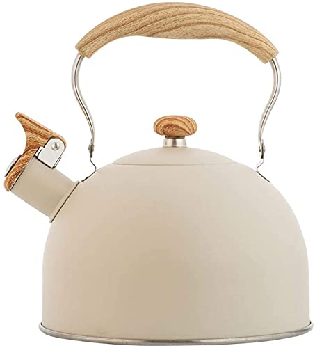 Flötenkessel mit Holzmasergriff, 2.5L Moderne Wasserkessel Induktion,Edelstahl Pfeifkessel, Teekanne mit Griff,Wasserkocher Für Küche Camping Gasherd (Beige)