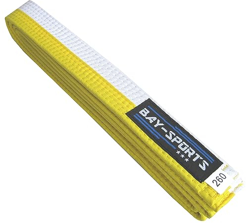 BAY Budogürtel, weiß/gelb Halb Zweifarbig gestreift, Kampfsportgürtel, Wettkampfgürtel, Karate, Judo, Taekwondo, Tae Kwon Do, (200 cm)