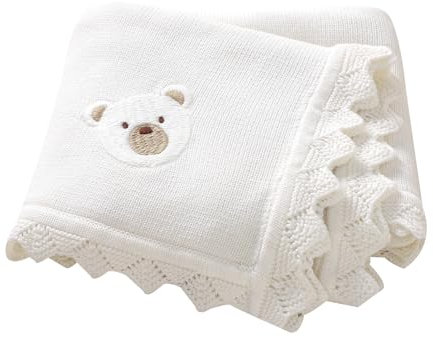 DovFanny Cotton Cellular Baby Blanket Knitted Soft Blanket for Newbron Baby Boy and Girls with Lovely Embroidery Bear