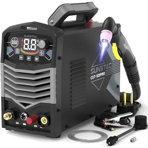 Sunstac 50A Plasma Cutter, Non Touch Pilot Arc Large LCD Display High Frequency Cutting Machine with 110/220V Dual Voltage IGBT Inverter 4/5 Inch Max Cut 2T/4T Mode, Professional & Beginners DIY