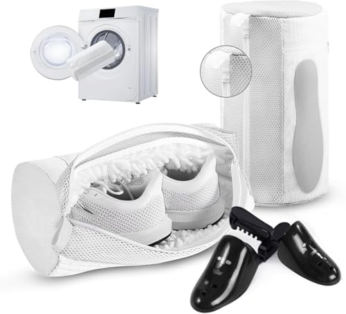 Aship 2 Pezzi Sacchetti Scarpe Lavatrice con Allarga Scarpe e Tasca laterale in rete, Sacchetti per Lavare Scarpe in Lavatrice con Pulizia a 360° e cerniera laterale nascosta (Bianco)