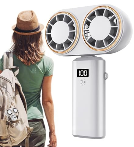 Ventilatore a mano – Ventilatore elettrico con doppia testa – leggero doppio testa 5 velocità ricaricabile display digitale per sport esterni, interni, palestra, campeggio