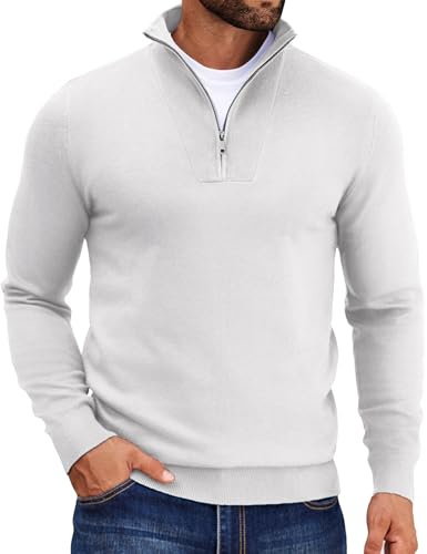 COOFANDY Sweatshirt för män med fjärdedel dragkedja, långärmad polotröja, vinter, 1/4 dragkedja, troyer tröja, Vit, L