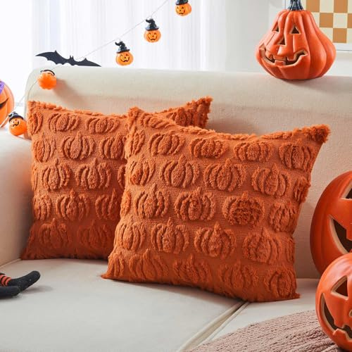 Nymora Paquete de 2 fundas de almohada de decoración de Halloween de 45 cm x 45 cm, diseño de fantasma de calabaza para sofá, cama y decoración de interiores y exteriores, funda de cojín de calabaza