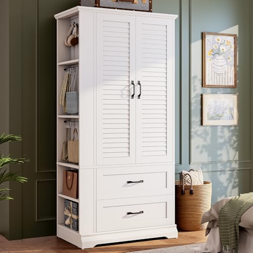 IRONCK Armoire Wardrobe Closet, 70.87 H Wooden Bedroom Armoire with 2 Louvered Doors, 2 Drawers and Shelves, Large Freestanding Clothing Storage Cabinet, White