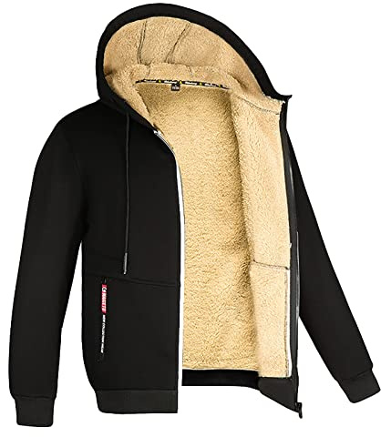 Felpa da uomo per attività all'aperto, con calda imbottitura, invernale, con cappuccio, con cappuccio, casual, con cappuccio, giacca invernale, jogging, Nero , M