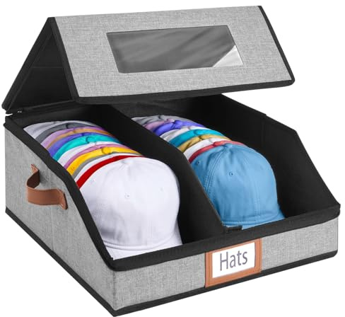 WERNNSAI Contenitore impilabile per cappelli con finestrella – Scatola pieghevole per cappelli da baseball, cappelli da golf, doppia fila, antipolvere, con manici e scomparto per etichette