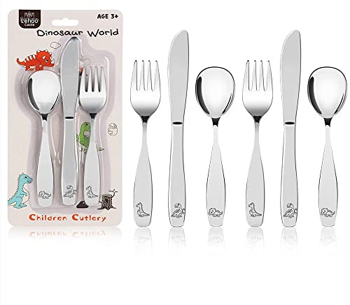 Lehoo Castle Kids Silverware Stainless Steel 6-Piece - Toddler Spoons and Forks Knife Set, Toddler Utensils for 3 Year Old, Child-Safe Flatware for Self Feeding (Dinosaur)