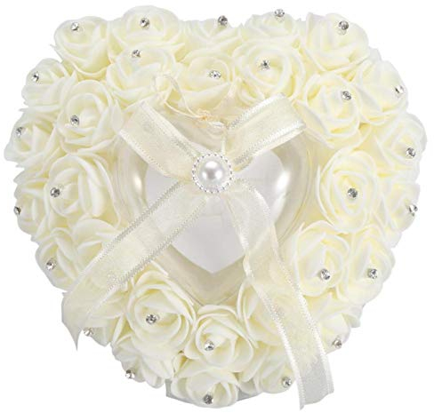 VIFERR Cuscino per Fedi Nuziali, Cuscino Portafedi a Forma di Cuore con Strass Rose Cuscino Portafedi Scatola Cuscino per Anelli da Matrimonio, Latte Bianco