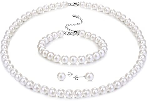Morfetto Sterling Silber Perlenkette für Frauen Männer Weiße Runde Simulierte Muschel Perle Halskette Armband Ohrringe 6MM Choker Perle Halskette Set für Frauen Mädchen 18IN