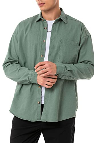Redbridge Camicia jeans premium denim a maniche lunghe oversize, cachi, L