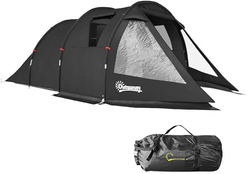 Outsunny 3-4 Man Tunnel Tent, Two Room Camping Tent with Windows, Portable Carry Bag, for Fishing, Hiking, Sports, Festival - Black