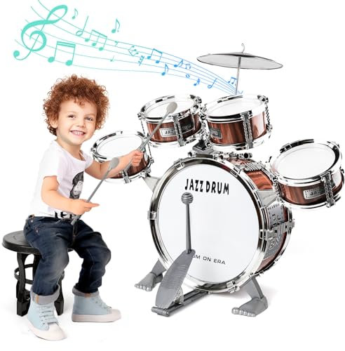NonKob Kinder Drum Set Schlagzeug Spielzeug, Kinder Trommel Kinderspielzeug mit 5 Trommeln mit Hocker Percussion Musikspielzeug, Musikspielzeug Spielzeug für 3 4 5 6 7 Jahre alte Mädchen und Jungen