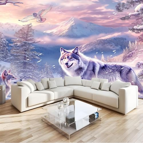 3D-fototapet djur varg snö scen skog 350 x 256 cm modern väggaffisch väggmålning icke-vävd tapet, för vardagsrum sovrum barnrum väggdekoration väggmålningar