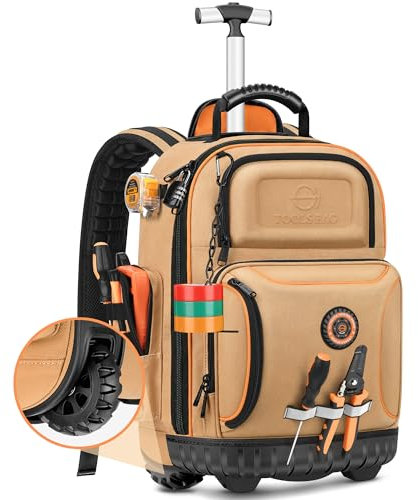 Backpack Tool Bag with Wheel, Rolling Tool Backpack for Electrician Heavy Duty Canvas Roller Tool Bag on Wheel for Construction Work, 75 Pockets & Loops Tool Backpack with Molded Base and Lock - Brown