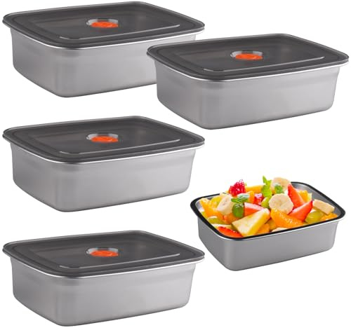 WakiHong 4 PCS Refrigerator Airtight Storage Containers Stainless Steel Food Containers Sealing Food Boxes,Reusable,Stainless steel,for Bread,Fruilts,Vegetables and Meat(1200ML)