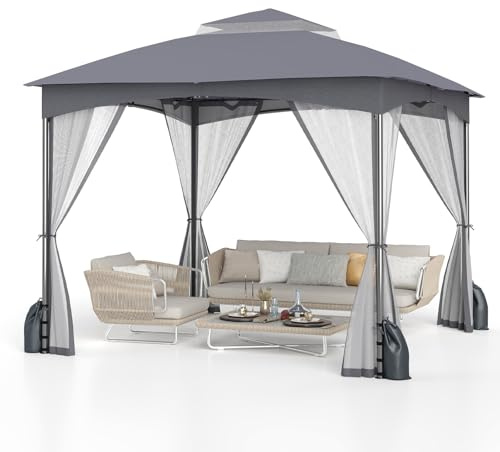 COSTWAY Pavillon 3 x 3 m, Gartenpavillon mit 4 Sandsäcken & 4 Moskitonetz & Doppeldach, Wasserdicht & Stabil & Winterfest, Gartenzelt inkl. Haken, Partyzelt für Terrasse Garten (Grau)