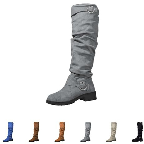 Stivali da cowboy da donna alti in pelle scamosciata, con tacco alto al ginocchio, con plateau, con fibbia, stile retrò, con tacco a blocco, suola profilata, grigio., 40 EU