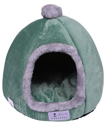 Cama Cueva Cerrado para Gato Perro pequeño Felpa cálida y Base Antideslizante Plegable fácil de Limpiar (Verde, 36x36x40cm)