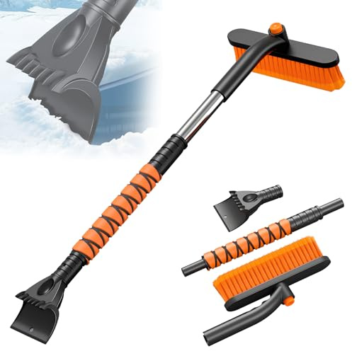 Grattoir à glace 3 en 1 pour voiture, avec balai, fouet et brosse de nettoyage avec tête de brosse à 360 °, évolutif, 80 cm de long, pour SUV, camion, pare-brise (orange)