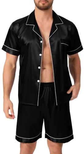 Lovasy Pijamas Saten Hombre Manga Corta Botones Conjunto De Pijama Corto Verano Pijama Shorts Set 2 Piezas,Negro,XL