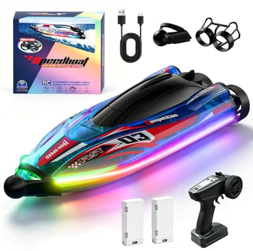 Barco Teledirigido Alta Velocidad 30Km/H Motor Sin Escobillas,Lancha Teledirigida Centrado Automático 360°,Barco Rc Con Luces Led,Impermeable Y Resistente A Golpes,Control 2.4Ghz Para Iscinas,Lagos