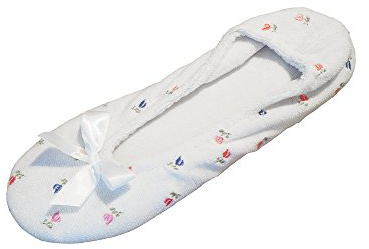 isotoner Women's Embroidered Plush Terry Ballerina Slippers , White Soft Tie Bow, 8-9