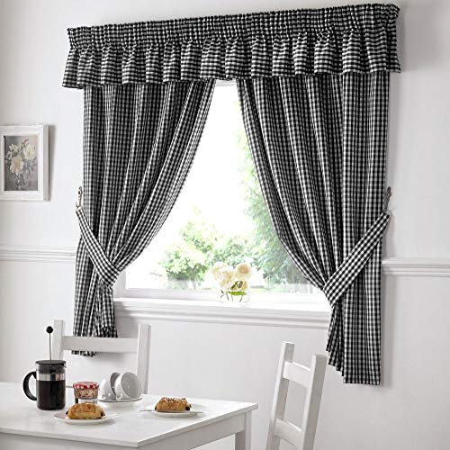 Gingham Check Kitchen Tape Top Curtains - Black (46 Wide x 48 Drop)