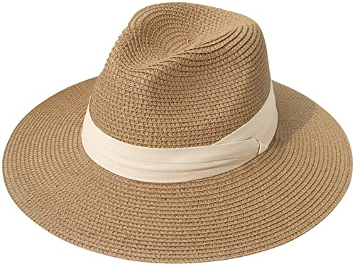 Lanzom Women Wide Brim Straw Panama Roll up Hat Fedora Beach Sun Hat UPF50+ (Z-Beige Ribbon Brown)