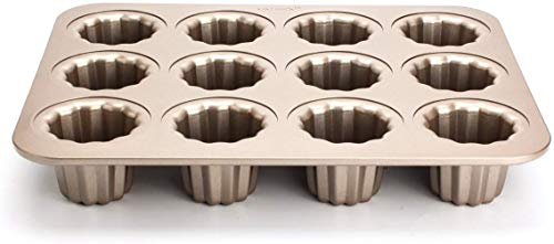 SZETOSY GOODCHANCEUK - Molde de acero al carbono antiadherente para magdalenas, 12 tazas, moldes para magdalenas, caneles, lata dorada para hornear