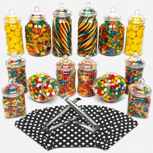 14 Plastic Sweet Jars, 7 Styles, 2 Tongs and 50 Bags. Ideal for Party, Wedding, Sweet Table, Candy Buffet (Black Polka Dot Bags)