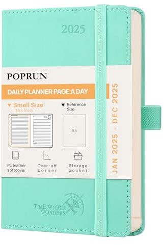 POPRUN Kalender 2025 Tagesplaner Softcover 16 x 10,5 cm, Tageskalender A6 1 Tag 1 Seite (Montag - Sonntag), Terminplaner (Jan.2025-Dez.2025) mit PU-Leder - EU-25-C6LBTA6-GN
