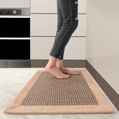 Cheerx Kitchen Rug, Linen Woven Floor Mats Non Slip Washable, Carpet Runner Rugs for Hallway, Dining Room and Entrance, 50x80cm, Brown