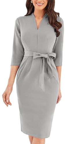 GRACE KARIN Vintage Bodycon Pencil Work Dress for Women 3/4 Sleeve Evening Formal Sheath V-Neck Dress Grey XL