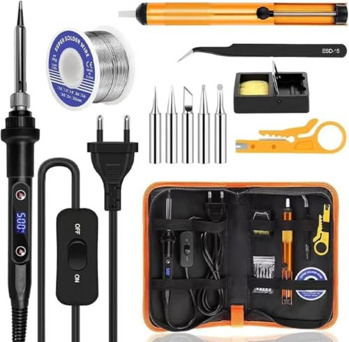 Lunriwis Lötkolben Set 80W LCD,mit Temperatur Einstellbar 180-500°C Lötkolben mit Ein/Aus, Lötwerkzeug mit 5 Lötspitzen, 50g Lötdrähte, Entlötpumpe, Lötkolbenständer, Lötset für Elektrische Arbeiten