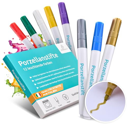 Brandalo® Premium 12er Set Porzellanstifte spülmaschinenfest - Keramik bemalen Set - Keramik Stifte - Porzellan bemalen - Glasmalstifte spülmaschinenfest - Keramikstifte spülmaschinenfest