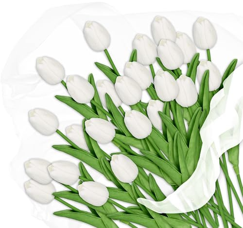 Relaxdays Konstgjorda tulpaner, 24 konstgjorda blommor, realistiskt utseende, plast, ca 33,5 cm, falska blommor, vit/grön