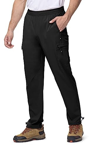 Rdruko Mens Stretch Work Trousers Elasticated Waist Lightweight Summer Trousers Quick Dry Outdoor Cargo Pants for Hiking Walking Golf (Black L)