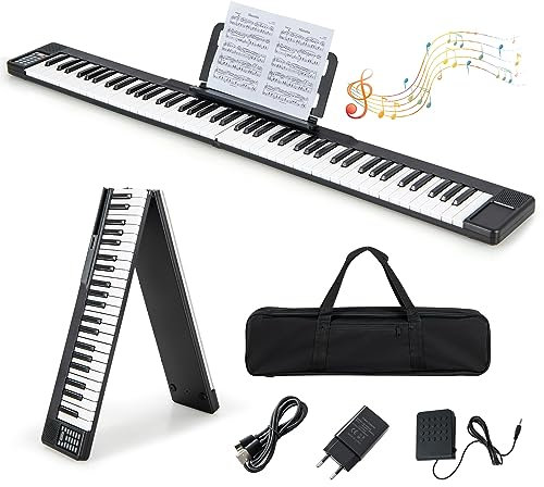 COSTWAY 88 Tastatur Keyboard faltbar, Digital Piano mit MIDI & Bluetooth & 128 Rhythmen & 128 Tönen, Elektronisches Klavier für Kinder, Klaviertastatur mit Tasche, E Piano, Schwarz