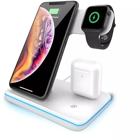 Galahad 3-in-1 Fast Wireless Charging Station | 15W Qi Charger Dock for iPhone, Apple Watch & AirPods | Compatible with MagSafe & Nightstand Mode (White)