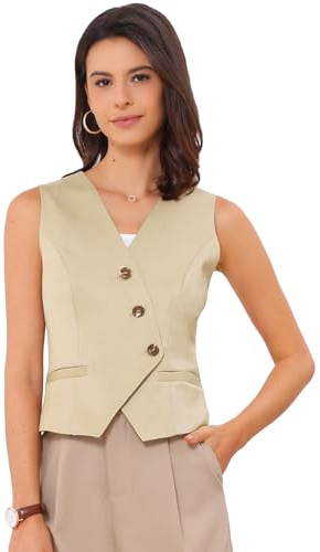 Allegra K Mujer Chaleco Moda de Algodón y Lino Blazer sin Mangas Botón Abajo Cuello en V Crop Top de Estival