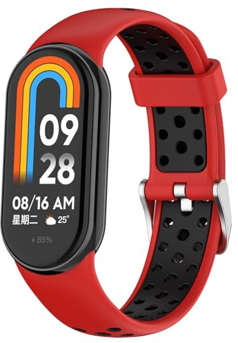 QJONSIU Klockarmband för Xiaomi Smart Band 10, Andningsbar Sportband i Silikon, Tvåfärgad Rem, Ersättningsrem för Xiaomi Smart Band 10-Svart/Röd