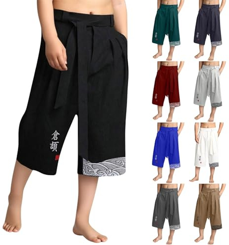 Japanese Kimono Boys Capri Trousers with Drawstring Japanese Traditional Pants Baggy Linen 3/4 Pants Wide Leg Shorts Breathable Casual Capris Pants (Black, 9-10 Years)