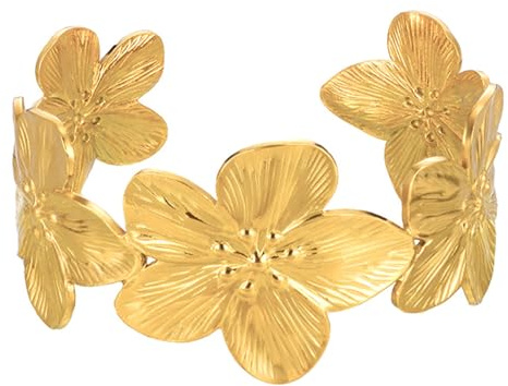 KRISFD Pulseras Gruesas de Oro para Mujer de Flores, Joyería Elegante de Oro Flores Brazalete Vintage con Flores Doradas Brazalete para Regalo Para Boda Fiesta Cumpleaños y Uso Diario